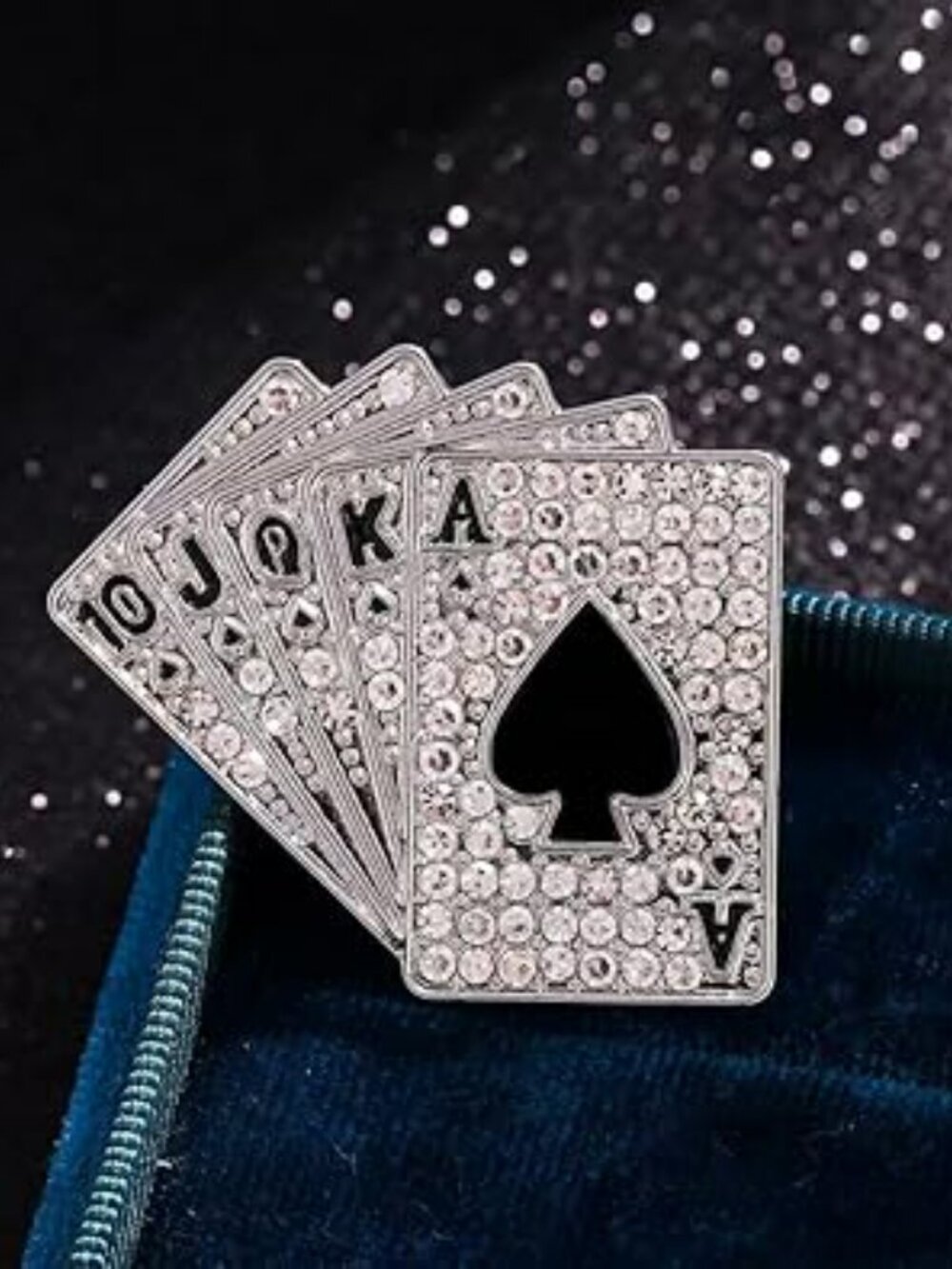 Poker Playing Cards Brooch Pin Silver with Lots of Rhinestones Bling New - Picture 4 of 4